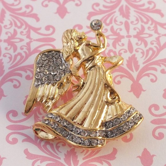 Shiny Gold Angel Brooch with Crystal Rhinestones - Picture 2 of 12